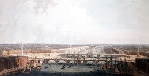 منظر للندن مع تحسينات ميناءها وجسر لندن المزدوج. قدمها إلى لجنة اختيار مجلس العموم ويليام دانيال (أكواتينت) بواسطة وليام دانييل