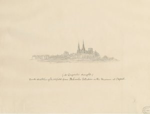 كاتدرائية ليتشفيلد - المنظر الجنوبي الغربي: الرسم بقلم الرصاص ، و [؟ القرن السابع عشر] (رسم) بواسطة وليام دوجديل