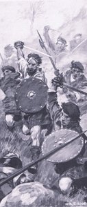المرتفعات في معركة كيليكرانكي ، صورة توضيحية من المعارك البريطانية في البر والبحر ، 1915 بواسطة وليام إدوارد ستوت