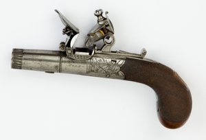 مسدس جيب فلينتلوك بقفل صندوق ، c.1820 (فولاذ ، فضي وخشب الجوز) بواسطة وليام هيل