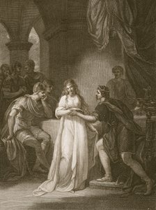 Vortigern و Rovena ، نقشت بواسطة Delatre ، رسم توضيحي من حانة ديفيد هيوم "تاريخ إنجلترا" ، الحانة. بقلم ر. بوير ، لندن ، 1812 بواسطة وليام هاملتون