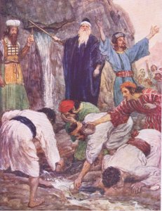 موسى يضرب الصخرة ، من قصة الكتاب المقدس التي نشرها Hodder & Stoughton ، c.1930 بواسطة وليام هاثريل