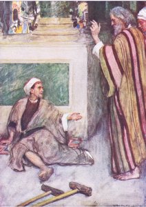 بيتر وجون يشفيان الرجل العرجاء ، من قصة الكتاب المقدس التي نشرها Hodder & Stoughton ، c.1930 بواسطة وليام هاثريل