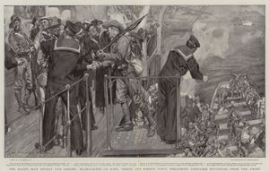 The Handy Man Afloat and Ashore ، Bluejackets on HMS Doris ، قبالة Simon Town ، يرحبون بالرفاق العائدين من الجبهة