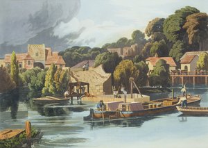 قلعة والينغفورد في عام 1810 أثناء إصلاحات الجسر ، نقشها روبرت هافيل الأصغر (1793-1878) المنشورة عام 1818 (أكواتينت) بواسطة وليام هافل