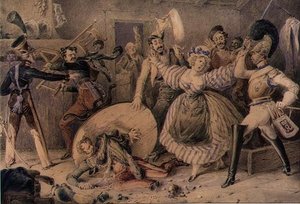 شجار في نزل ، حوالي عام 1830 (ألوان مائية فوق قلم رصاص مزينة بالغواش على ورق) بواسطة وليام هيث
