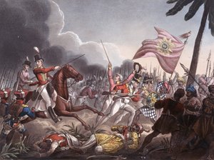 معركة Assaye ، 23 سبتمبر 1803 ، محفورة من قبل JC Stadler ، نشرها توماس تيج ، 1 أبريل 1818 (ألوان مائية)