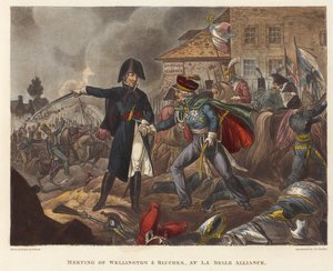 اجتماع ويلينغتون وبلوشر في La Belle Alliance ، aquatint بقلم جوزيف قسطنطين ستادلر (fl.1780-1812) ، 1818 (aquatint الملونة) بواسطة وليام هيث