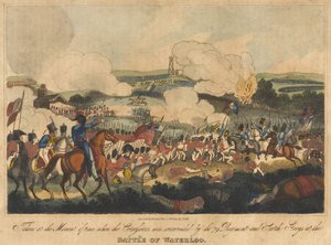 تم التقاطها في لحظة من الوقت عندما كان Cuirassiers محاطًا بالفوج 79 وفراش سكوتش في معركة واترلو ، 18 يونيو 1815 ، نقشها رومني ونشرها ريتشارد إيفانز ، 1816 (شارك بواسطة وليام هيث