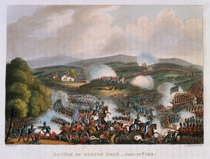 معركة كواتر براس في 16 يونيو 1815 ، نقشها توماس ساذرلاند ، 1815 (أكواينت الملونة) بواسطة وليام هيث