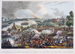 مركز الجيش البريطاني في المعركة في معركة واترلو ، 18 يونيو 1815 ، من "الإنجازات العسكرية لبريطانيا العظمى وحلفائها من 1799 إلى 1815" ، بقلم جيمس جينكينز ، منقوش بواسطة ثو
