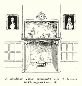 A وسيم تيودور overmantel مع دجاجة الجري في بلانتاجنيت كورت ، دبليو (ليثو) بواسطة وليام هيث روبنسون