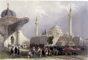 مسجد باجازيت مع بوابة سيراسكير ، اسطنبول ، نقش بواسطة هـ. غريفيث ، حوالي 1850 (أكواتينت)