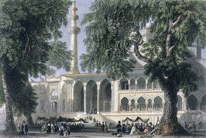 يني دجامي ، أو مسجد سلطانة فاليد ، اسطنبول ، نقش بواسطة JC Varrall ، حوالي 1850 (مائي)