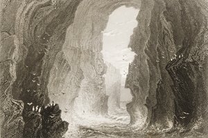 كهف دونكيري ، مقاطعة أنتريم ، أيرلندا الشمالية ، من "مشهد وآثار أيرلندا" بقلم جورج فيرت ، 1860 بواسطة وليام هنري بارتليت