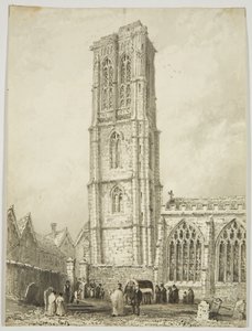 Exterior of Temple Church, showing an internment, c.1825 (pencil & watercolor on paper) بواسطة وليام هنري بارتليت