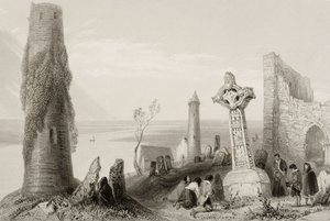 الصليب القديم وبرج مستدير في Clonmacnois ، مقاطعة أوفالي ، أيرلندا ، من "مشهد وآثار أيرلندا" (انظر 131074) بواسطة وليام هنري بارتليت