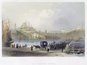 الجسر العائم ، اسطنبول ، محفور من قبل جي سي بنتلي ، c.1850 (أكواتينت) بواسطة وليام هنري بارتليت