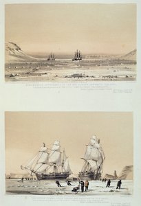 مظهر رائع في السماء دائمًا مقابل الشمس (أعلى) وإبهام الشياطين ، السفن مملة وتشوه في العبوة (أسفل) من `` عشرة مناظر ملونة مأخوذة أثناء رحلة القطب الشمالي لبلدها