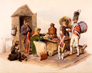 بائع Sallop يقدم مشروبات ساخنة ساخنة ، من "أزياء بريطانيا العظمى" ، 1808 بواسطة وليام هنري باين