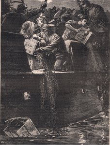 يرتدي أولاد بوسطن متنكرين في زي الهنود يرمون صناديق الشاي في المرفأ 1773 م