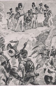 أطلق متابعو كارمايكل كرة طائرة على مجموعة كثيفة من الرجال: معركة بهاراتبور 1826 ، رسم توضيحي من المعارك البريطانية في البر والبحر ، 1915 بواسطة وليام هيشام أوفرند