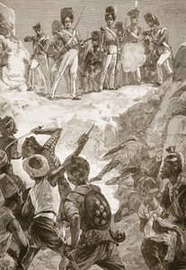 أطلق أتباع كارمايكل النار على مجموعة كثيفة من الرجال أمامهم ، التوضيح من "معارك القرن التاسع عشر" بواسطة أرشيبالد فوربس ، GA Henty والرائد آرثر جريفيثس بواسطة وليام هيشام أوفرند