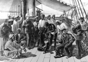 ستانلي وبعض متابعيه الأفارقة على متن HMS Industry ، نُشر في "أخبار لندن المصورة" ، 5 يناير 1878
