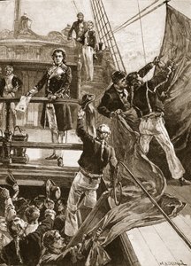 التمرد في Spithead: سحب العلم الأحمر على "Royal George" ، 1797 ، التوضيح من "Cassell&39;s Illustrated History of England" (sepia photo)