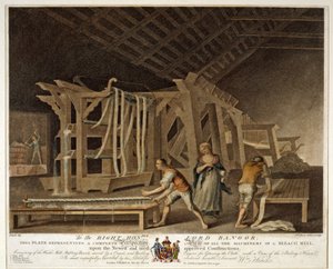 نظرة منظورية لجميع آلات مطحنة بليتش ، اللوحة التاسعة من مصنع الكتان في أيرلندا ، 1791 بواسطة وليام هينكس