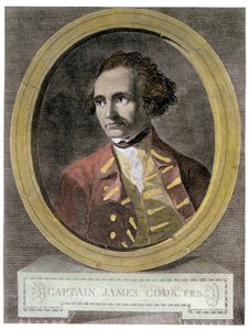 صورة الكابتن جيمس كوك (1728-79) ، من واجهة "رحلة حول العالم إلى القطب الجنوبي" (تلوين لاحق) بواسطة وليام هودجز