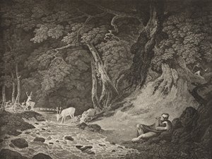 The Forest of Arden ، الفصل الثاني ، المشهد الأول ، من فيلم "كما تحبها" ، من معرض Boydell شكسبير ، نُشر في أواخر القرن التاسع عشر بواسطة وليام هودجز