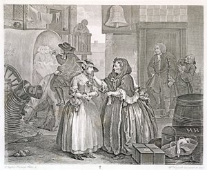 تقدم Harlot ، اللوحة الأولى: مؤمنة بالوكيل ، 1732 (النقش والنقش) بواسطة وليام هوغارث
