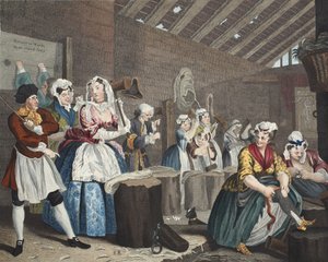 تقدم Harlot ، اللوحة lV: مشهد في Bridewell ، رسم توضيحي من "Hogarth Restored: The Whole Works of the William Hogarth الشهير ، أعيد نقشه توماس كوك" ، الحانة. 1812 (حفر يدوي ملون بواسطة وليام هوغارث