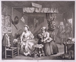 تقدم Harlot ، اللوحة الثالثة ، من "الأعمال الأصلية والأصلية لوليام هوغارث" ، المنشورة في لندن ، 1820-22 بواسطة وليام هوغارث
