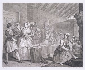 تقدم Harlot ، اللوحة الرابعة ، من "الأعمال الأصلية والأصلية لوليام هوغارث" ، المنشورة في لندن ، 1820-22 بواسطة وليام هوغارث
