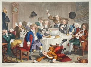 محادثة منتصف الليل الحديثة ، رسم توضيحي من "Hogarth Restored: The Complete Works of the William Hogarth الشهير ، أعيد نقشه توماس كوك" ، الحانة. 1812 (نقش يدوي) بواسطة وليام هوغارث