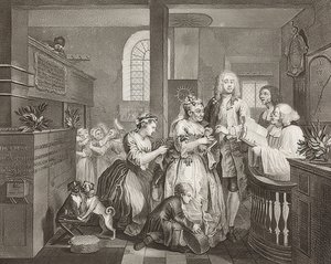 A Rake؟ S Progress ، اللوحة 5: The Rake الزواج من امرأة عجوز - الورقة 5: توم Rakewell يتزوج امرأة عجوز غنية). 1735 بواسطة وليام هوغارث