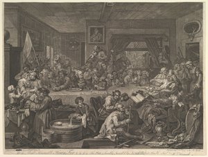 الترفيه الانتخابي ، اللوحة الأولى: أربع مطبوعات للانتخابات ، 24 فبراير 1755. بواسطة وليام هوغارث