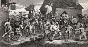 يصادف Hudibras Skimmington ، نقشها TE Nicholson ، من "Hudibras" ، بقلم Samuel Butler (1612-80) من "أعمال هوغارث" ، نُشر عام 1833 بواسطة وليام هوغارث