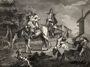 Hudibras Sallies Forth ، من "Hudibras" بقلم صموئيل بتلر (1612-80) الذي نقشه C. Armstrong ، من "أعمال ويليام هوغارث" ، نُشر عام 1833 بواسطة وليام هوغارث