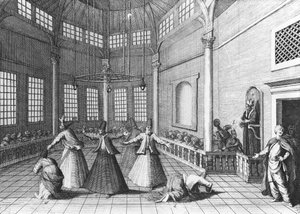 داخل مسجد تركي ، رسم توضيحي من Aubry de la Mottraye&39;s "رحلات عبر أوروبا وآسيا إلى جزء من إفريقيا" ، تم نشره عام 1723 بواسطة وليام هوغارث