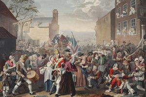 مسيرة الحرس إلى فينتشلي ، رسم توضيحي من "Hogarth Restored: The Whole Works of the William Hogarth الشهير ، أعيد نقشه توماس كوك" ، الحانة. 1812 (نقش يدوي) بواسطة وليام هوغارث