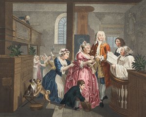 متزوج من خادمة قديمة ، اللوحة الخامسة من "تقدم Rake" ، صورة توضيحية من "Hogarth Restored: The Whole Works of the Celebrated William William Hogarth ، أعيد نقشه توماس كوك" ، الحانة. 1812 (ملونة يدوياً بواسطة وليام هوغارث