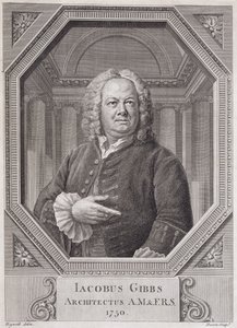 صورة لجيمس جيبس (1682-1754) من "الخطط والأقسام والارتفاعات بمكتبة رادكليف" ، نقشها برنارد بارون (1696-ج 1766) 1750 بواسطة وليام هوغارث