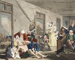 مشهد في Bedlam ، اللوحة الثامنة ، من A Rake&39;s Progress ، رسم توضيحي من "Hogarth Restored: The Whole Works of the William William Hogarth الشهير ، الذي نقشه توماس كوك" ، الحانة. 1812 (engra اليد الملونة بواسطة وليام هوغارث
