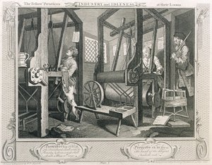 "Prentices at the Looms الخاصة بهم ، اللوحة الأولى من" الصناعة والكسل "، المنشورة عام 1833 (نقش) بواسطة وليام هوغارث