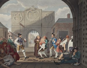 بوابة كاليه ، أو O The Roast Beef of Old England ، توضيح من `` Hogarth Restored: The Whole Works of the Celebrated William William Hogarth ، re-engraved by Thomas Cook &39;، حانة. 1812 (ملونة باليد en بواسطة وليام هوغارث