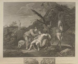 السامري الصالح ، نقش بواسطة JM Delatre und Simon Francis Ravenet ، نشره John Boydell (1719-1804) 1772