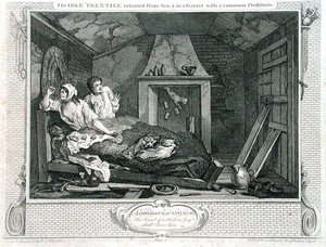 The Idle "Prentice Returned from sea، and in Garret with a postomy" ، اللوحة السابعة من "الصناعة والبطالة" ، نُشرت عام 1833 (نقش) بواسطة وليام هوغارث